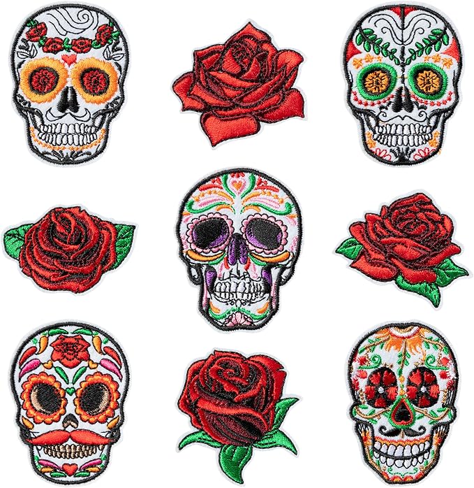 9 Pcs Day of the Dead Iron on Patches Mexican Sugar Skull with Red Roses Sew on Repair Embroidered Applique DIY Crafts Accessories Halloween Embroidery Gifts for Clothing Backpack Hat Shoes - sugar skull makeup