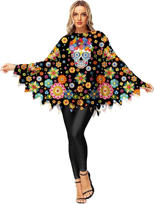 AOBUTE Halloween Poncho Cloak for Adult Women Party Costume Outfits - sugar skull costume