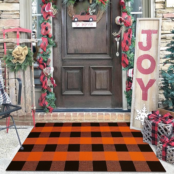 2.3'x3.6' Fall Orange Buffalo Plaid Rug Halloween Front Door Mat - skull carpet