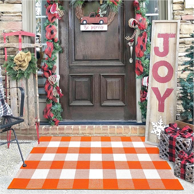2.3’x3.6′ Fall Orange Buffalo Plaid Rug Halloween Front Door Mat