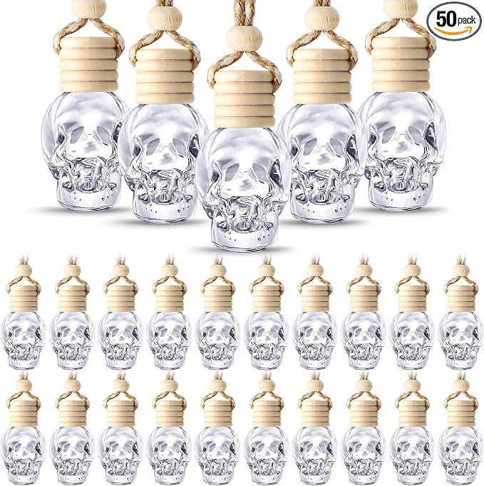 BBTO 50 Pcs Car Diffuser Empty Bottles with Wooden Cap Skull,Clear