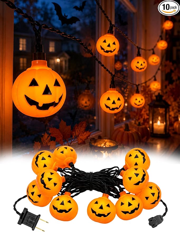 8.5FT Halloween Orange Pumpkin String Lights, Plug-In 10 LED Pumpkins Decor - string light