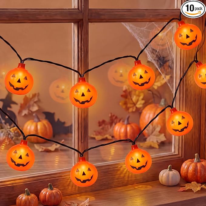 GOOTHY Halloween Pumpkin String Lights, 8.5Ft Outdoor Halloween Decorations Lights with 10 Jack-O-Lantern Lights, Hanging Pumpkin String Lights UL Listed for Party Patio Garden Window Decor - string light