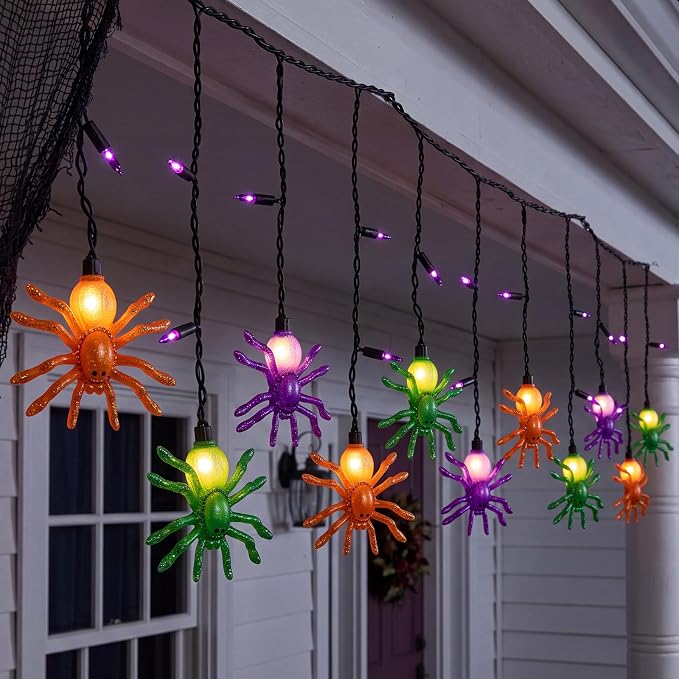 Halloween Spider String Lights, 7Ft Halloween Decorations Lights with 10 LED Colorful Spider Lights 15 Mini Purple Bulbs, Hanging Fairy Lights UL Listed for Outdoor Curtain Porch Bar Party Decor - string light