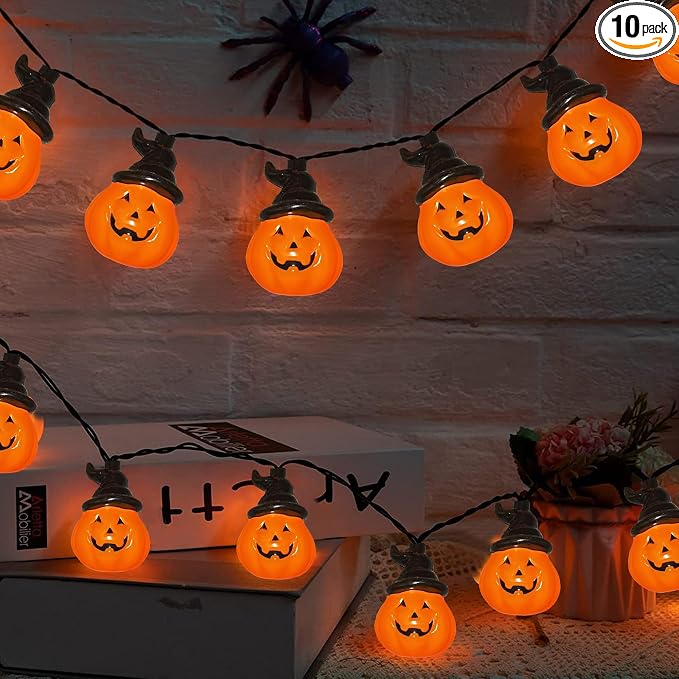Halloween Pumpkin Hat String Lights, 8.5Ft Outdoor Halloween Decorations String Lights with 10 LED Jack-O-Lantern Light, Plug in Hooded Pumpkin Lights for Indoor Window Patio House Party Decor