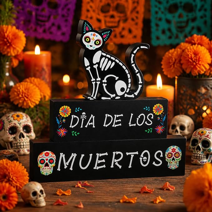 Thyle 3 Pcs Day of the Dead Cat Dia De Los Muertos Decorations - sugar skull ornament