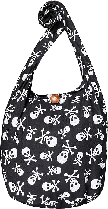 Skull Boho Crossbody - Gothic Shoulder Bag - Hippie Hobo Punk Rock Purse - Medium 33" - sugar skull handbags for sale