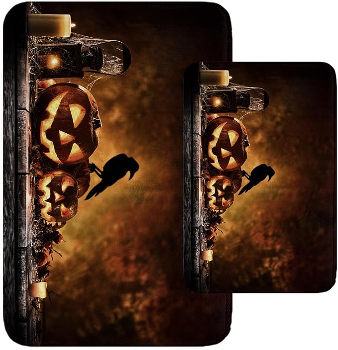 Bathroom Rug Mat Set of 2, 16x24 + 20x32 Inch, Halloween Pumpkin - skull toilet mat