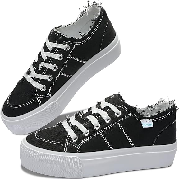 Obtaom Women Platform Canvas Sneakers White Comfort Play Fashion Sneakers Casual Lift Platform Lace Up Shoes Cute Low Top Walking Shoes for Lady - sugar skull boots