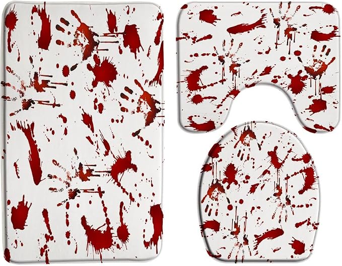 GCTNBJL 3 Piece Blood Scary Halloween Bath Mat Set for Bathroom - skull toilet mat