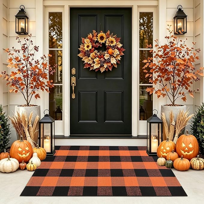 Fall Door Mat Orange and Black Plaid Rug Autumn Halloween Thanksgiving Rug