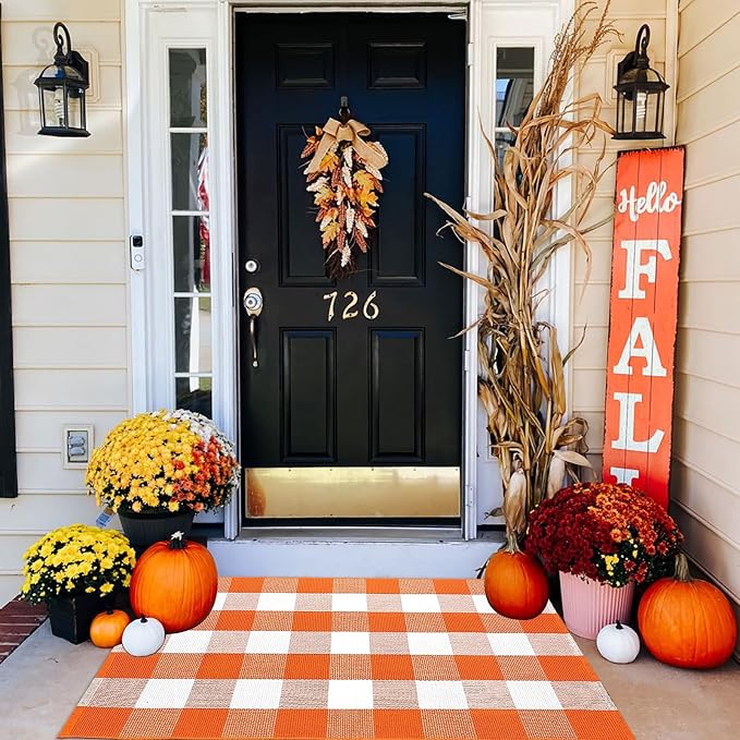 Fall Outdoor Rug Orange Buffalo Plaid Outdoor Rug Cotton Hand-Woven Buffalo Check Rug Layered Doormats for Front Door/Front Porch/Farmhouse/Entryway/Patio(Orange and White Plaid, 27.5” x 43”)