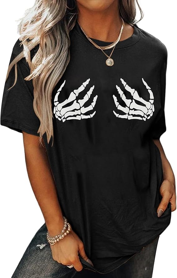 Y2K Moon Skull Skeleton Oversized T Shirt Halloween Funny Graphic Vintage Tees for Women Casua Loose Tops… - skull leggings