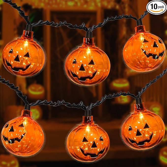 8.5FT LED Halloween Lights Pumpkin String Lights with 10 Smiling Jack O Lantern Pumpkin Lights, LED Jack O Lantern for Home Party Yard Porch Indoor Outdoor Halloween Decorations, 0.07W - string light