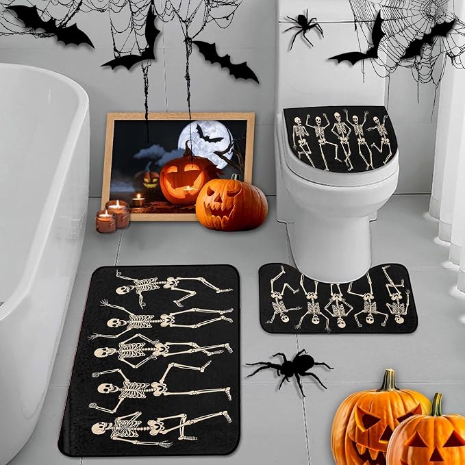 Bathroom Rug Set of 3, Small Bath Mats, Skul lHalloween - skull toilet mat
