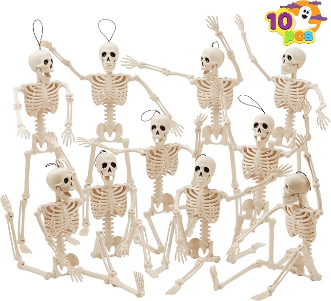 JOYIN 10 PCS 16" Halloween Skeleton Decor, Full Body Stayable Movable Joints, Posable Hanging Skeletons for Halloween Decoration, Yard, Graveyard, Haunted House Props, Spooky Scene Party Favor - skeleton