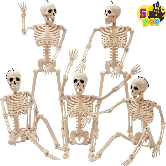 JOYIN 5 PCS Posable Halloween Skeleton Decor 16 Inches, Full Body Posable Joints Hanging Skeletons for Halloween Decorations, Graveyard Props, Haunted House Accessories, Spooky Scene Party Favors - string light
