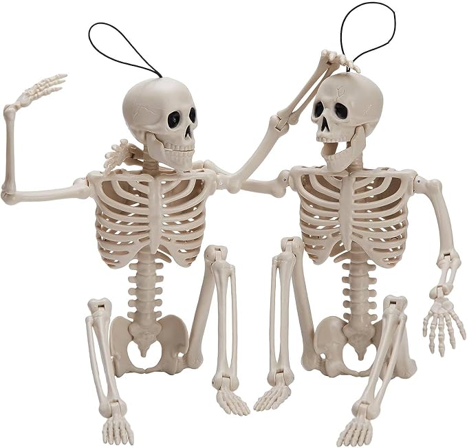 JOYIN 2PCS 16" Halloween Skeleton Decor, Full Body Stayable Movable Joints, Posable Hanging Skeletons for Halloween Decoration, Yard, Graveyard, Haunted House Props, Spooky Scene Party Favor - skeleton