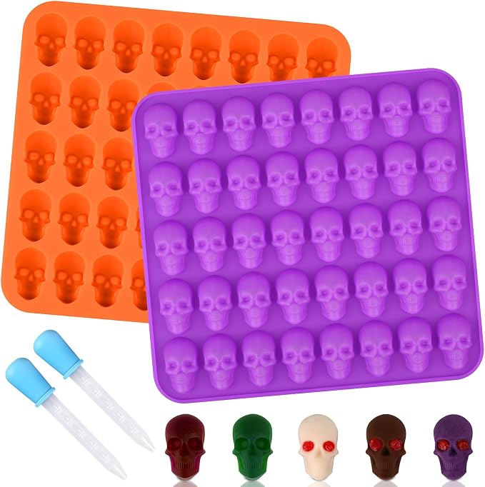 Sakolla 2 Pack Gummy Skull Candy Silicone Molds 40 Cavity Silicone Skull Molds with 2 Droppers for Halloween Chocolate, Candy,Jelly, Wax Melt, Dog Treats, Ice Cube - skull ashtray