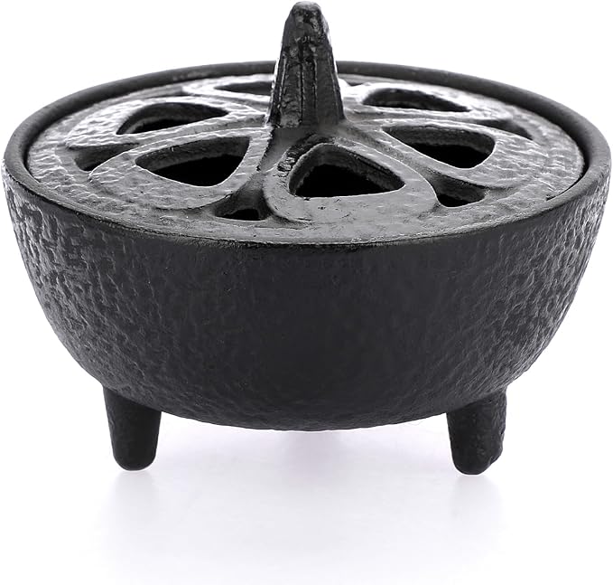 JUXYES Small Retro Cast Iron Cauldron Charcoal Incense Burner with Lid - skull incense burner