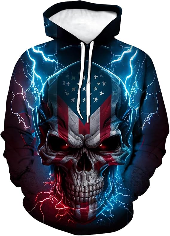 LAOLIUSN Men's Lightning Skull Hoodie Patriotic Theme Sweatshirt American Flag Graphic Pullover - skull hoodie