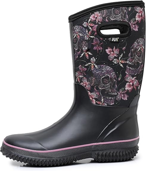 WTW Mid Calf Rain Boots for Women - Waterproof Insulated Neoprene Mud Boots Outdoor Hunting Garden Boots - sugar skull boots