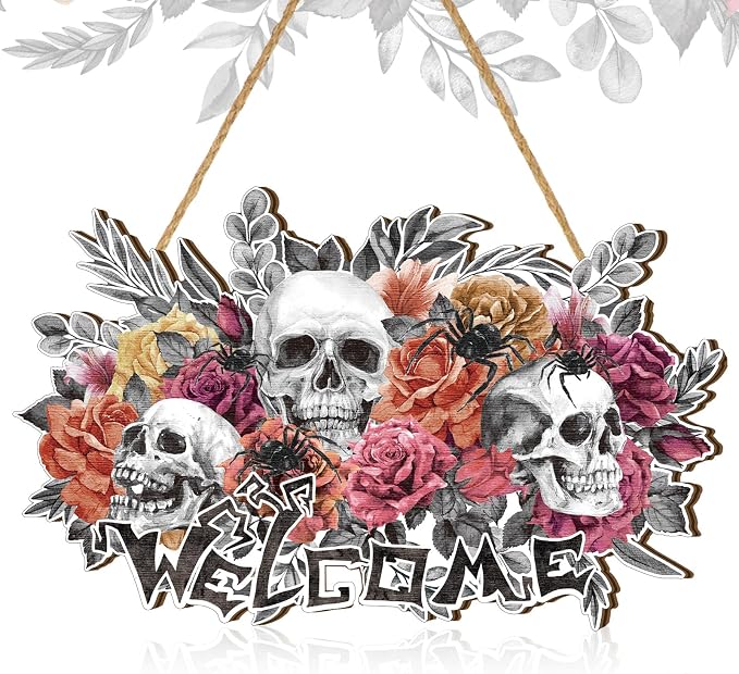Huwena Halloween Wreaths for Front Door Sign Wooden Skull Rose Door Hanger Decoration Horror Skeleton Welcome Front Wreath Sign for Halloween Indoor Outdoor Decorations Party Supplies - skull wreath