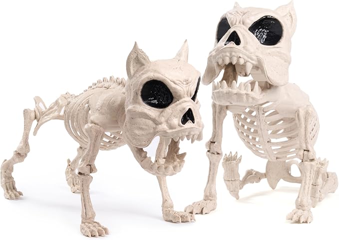 JOYIN 2 PCS 16" Poseable Dog Skeleton Halloween Decoration Animal Puppy Plastic Bones with Posable Joints for Prop Indoor Outdoor Decor Spooky Scene Party Favors Graveyard Decorations - skeleton