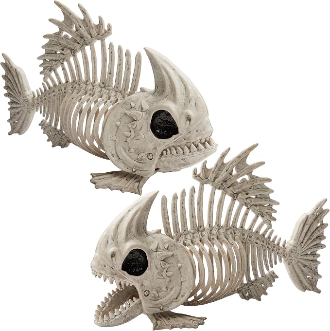 JOYIN 2 PCS 9.5 Halloween Posable Fish Skeleton Decor, Animal Plastic Bones with Posable Joints for Indoor Outdoor Halloween Decorations Party Props, Yard Patio Lawn Garden Props Decor - skeleton