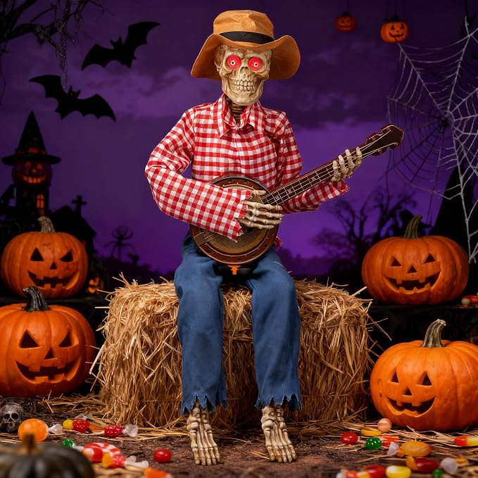 Halloween Animatronics Banjo Skeletons Decorations, Animated Skull with Sound Activated Funny Voice Light Up Eyes, Playing Musical Halloween Prop Decor for Indoor Outdoor Yard Lawn - skeleton