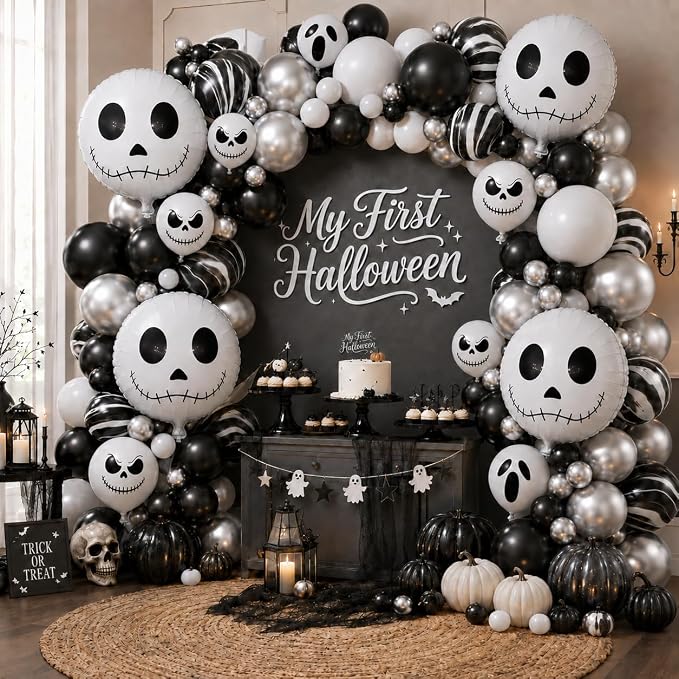 Halloween Balloon Arch Garland Kit with Skull Foil Balloons, 108 pcs Black Agate Marble White Metallic Silver Latex Balloons with Ghost Face Print Balloon for Kids Halloween Party Decorations Supplies - skull inflatable