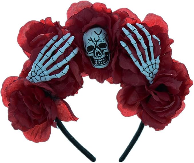 Women's Bohemian Rose Flower Headband Halloween Party Ghost Festival Headband Skeleton Head Mesh Hair Hoop - sugar skull makeup