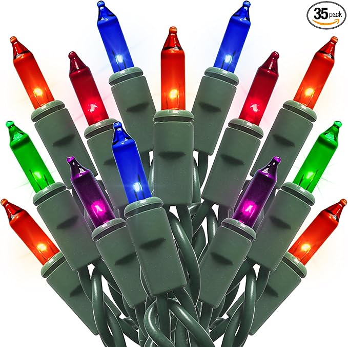Multicolor Christmas String Lights - 35 Count Incandescent Mini Multi-Colored Christmas Lights for Small Tree, Crafts, Bottle, Indoor and Outdoor Decorations, 8.5 Feet Green Wire Set - string light