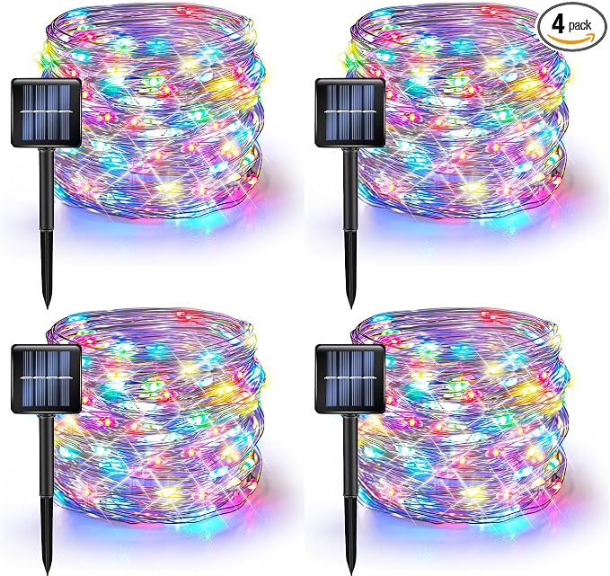 Dazzle Bright 4 Pack Solar String Lights Outdoor, Total 160FT 480LED Solar Powered Waterproof Fairy Lights 8 Modes, Silver Wire Lights for Christmas Patio Party Tree Yard Decoration (Multi Color) - string light