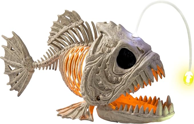JOYIN Halloween Skeleton Lantern Fish with LED Eye Plastic Bones for Halloween Decoration Party Photo Prop, Graveyard Decor, Indoor Outdoor Spooky Scene(10.2” *5.5” *3”) - skeleton
