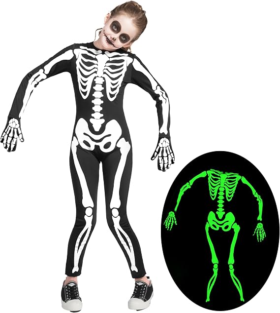 Spooktacular Creations Halloween Kids Skeleton Costume, Unisex Glow in the Dark Skeleton Jumpsuit with Gloves for Boys, Girls - skeleton