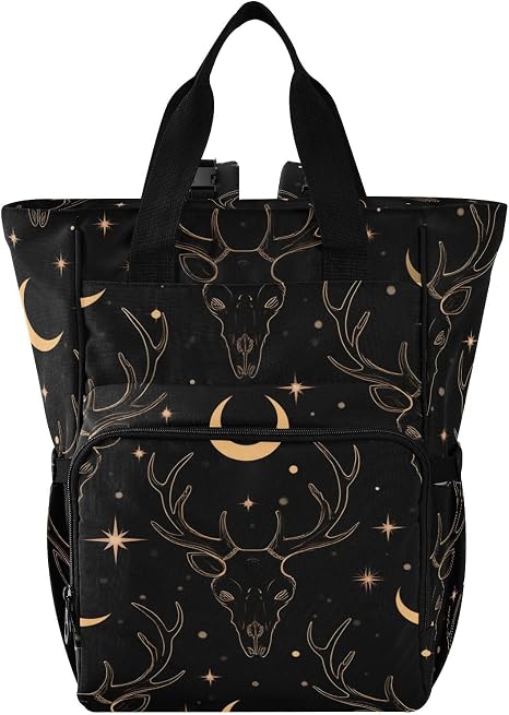 senya Diaper Bag Backpack, Golden Deer Skull Multifunction Travel Bag for Moms Dads - skull backpack