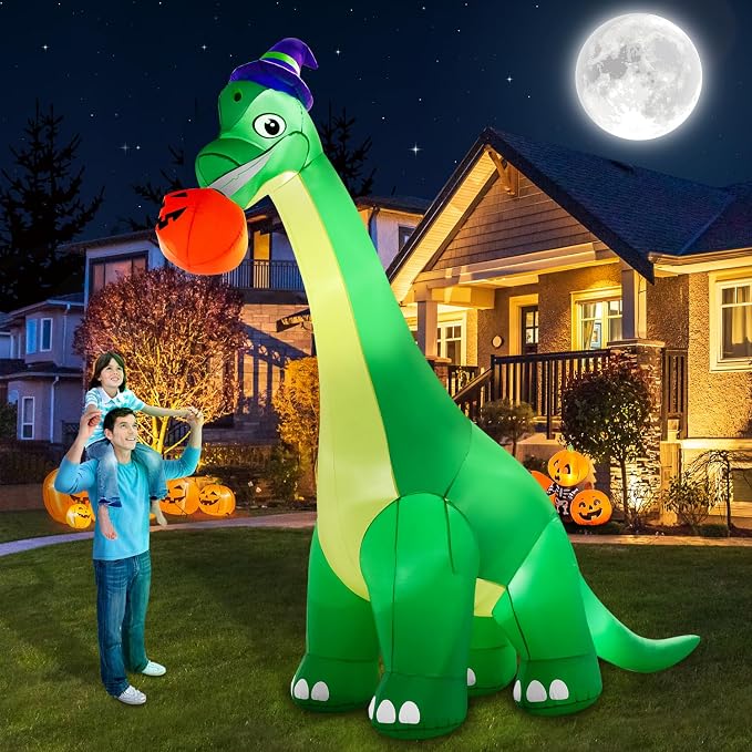 zukakii 13Ft Giant Halloween Dinosaur Inflatable Decorations, Bite Large Pumpkin with Witch Hat Build-in LED Light Strong Blower Huge Blow Up Yard Clearance Decor for Outdoor Indoor Holiday Party Yard - skull inflatable