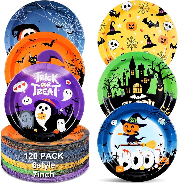 Uiifan 120 Pieces Halloween Round Paper Plates,7 Inches - skull plate