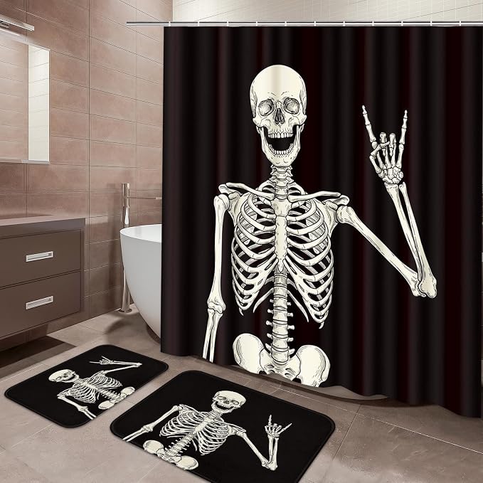 Arttown Bathroom Set, Shower Curtain and Bath Rugs Halloween Skeleton - skull toilet mat
