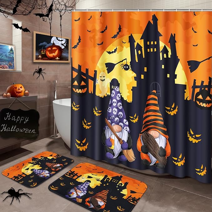 Arttown Bathroom Set, Shower Curtain and Bath Rugs Halloween Gnomes