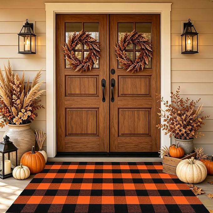 Fall Outdoor Rug 3’x5′ Orange and Black Bufflao Plaid Rug Layered Mat