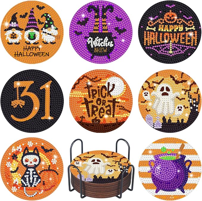 Suttmin 8 Pcs Halloween Diamond Art Coasters Kits Diamond Painting Coasters - skull coaster