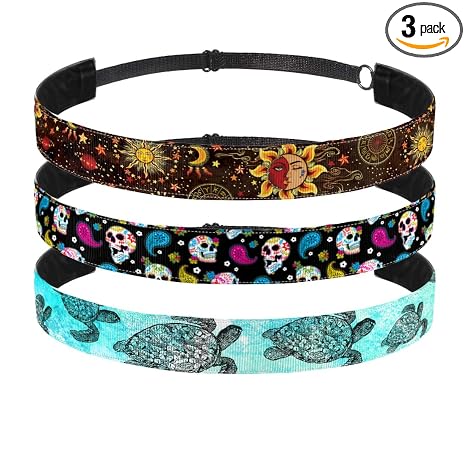 WIRESTER Set of 3 Elastic Fashion Headbands, Adjustable Hair Bands, Cute Non-Slip Hair Accessories for Women Girls - Sea Turtle, Celestial Sun Moon And Stars, Colorful Sugar Skulls - skull headband