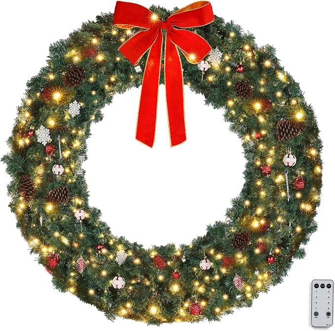 VINGLI 60″ Large Pre Lit Outdoor Christmas Wreath with 220 LED Lights