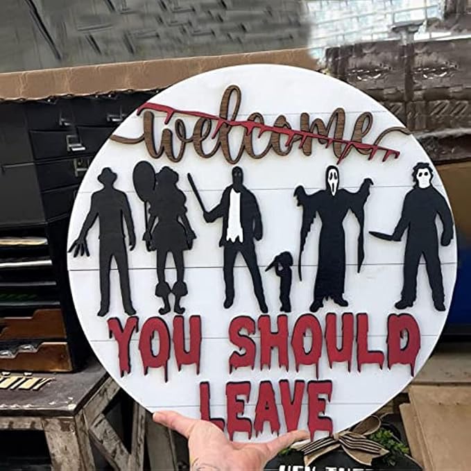Halloween Horror Welcome Sign for Front Door, Horror Movie Characters Door Hanger Scary Halloween Decorations Wood Wreath Hanging Door Sign for Farmhouse Porch Wall Decor Outdoor - skull wreath