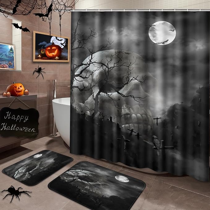 Arttown Bathroom Set, Shower Curtain and Bath Rugs Halloween Skull - skull toilet rug