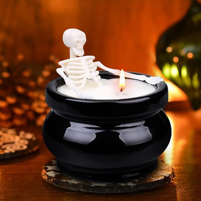 Skeleton Candle Halloween Decorations Indoor, Gothic Vintage Fall Home Decor for Farmhouse Room Apartment Table Desk, Gag Birthday White Elephant Gifts Witchy Gifts for Women Men Friends - skull candle
