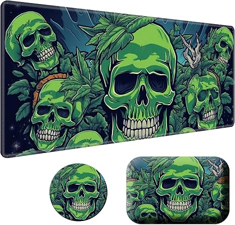 Laptop Mouse Pad 27.5 x 11.8 inch & Small Wrist Rests with Coasters and Green Forest Skull Printed Design Ergonomic Mouse Pad with Wrist Rest Memory Foam for Easy Typing Pain Relief - skull coaster