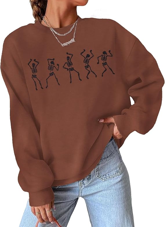 CM C&M WODRO Womens Halloween Dancing Skeleton Sweatshirts Spooky Season Crewneck Shirt Long Sleeve Horror Skull Pullover Top - skull hoodie